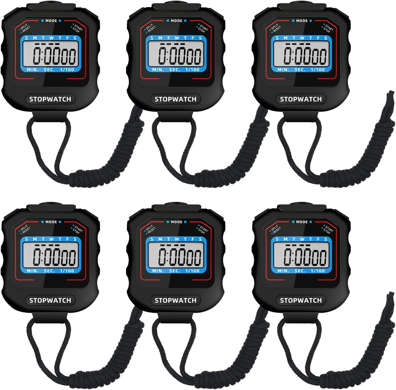 6 Pack Square Style Multi-Function Electronic Digital Sports Stopwatch Timer, Large Display with Date, Time and Alarm Function, Ideal for Sports Coaches and Referees