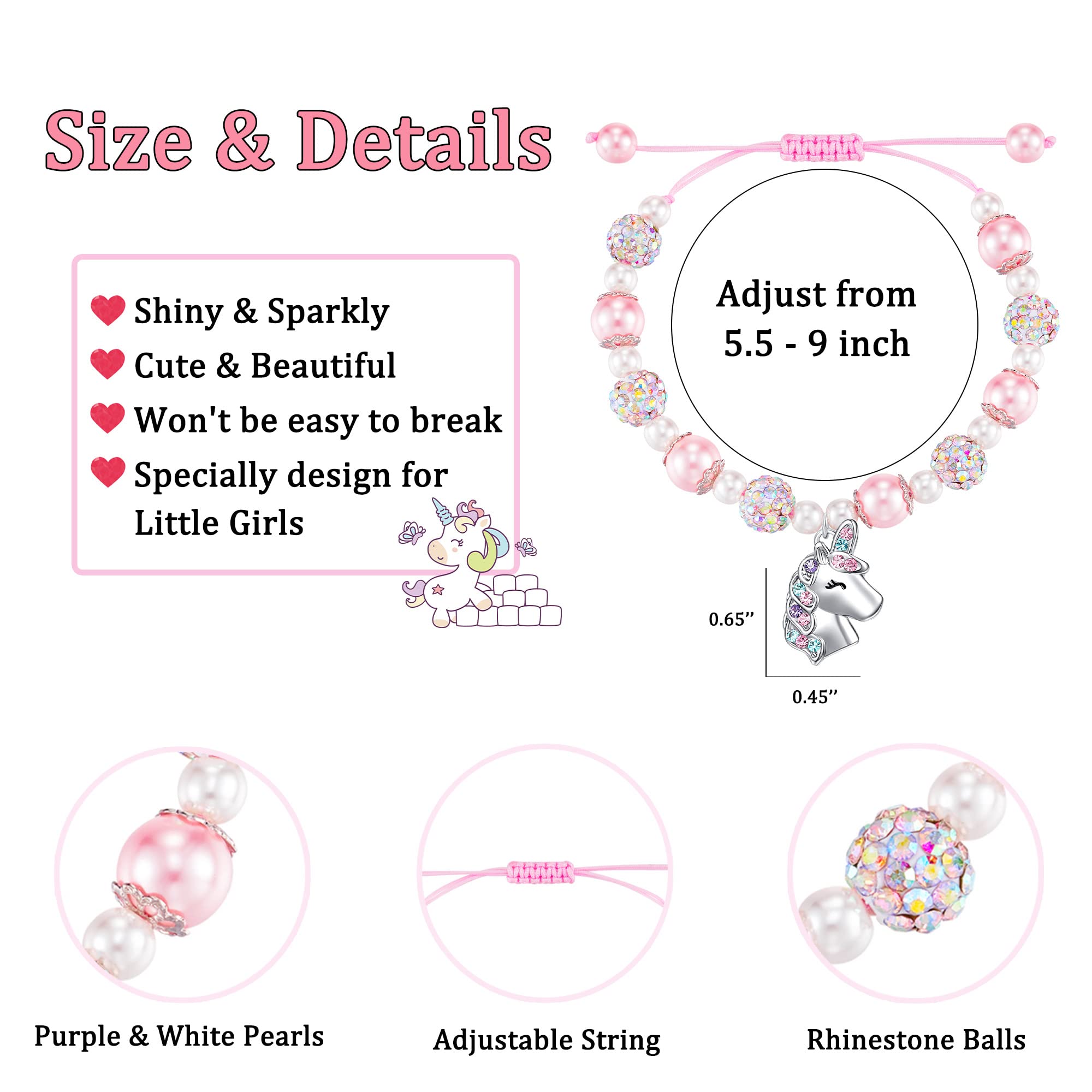 HGDEER Braccialetto con unicorno per figlia/nipote/nipote, con perle rosa e strass, lunghezza regolabile da 10,2 a 25,4 cm, in metallo, senza pietre preziose, 10 inches, Tessuto corallo Perla senza