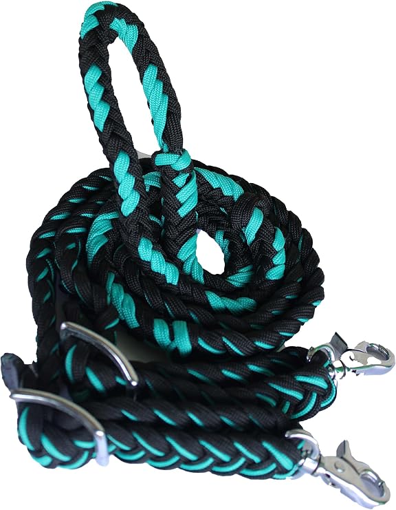 CHALLENGER Horse Roping Knotted Tack Western Barrel Reins Nylon Braided Turquoise 607179