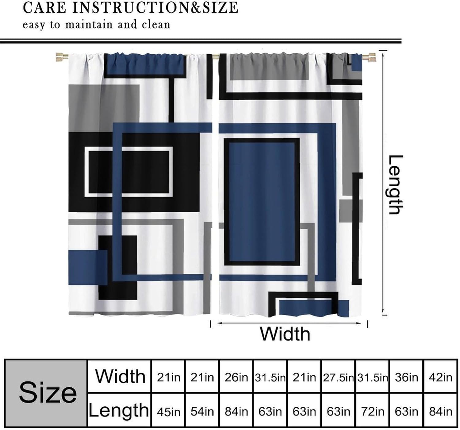 Blue Geometric Curtains Navy Blue Modern Black Blue and Gray Blackout Rod Pocket Curtains for Bedroom Living Room Kitchen Decor Thermal Insulated Window Drapes 2 Panel Set 52x84in