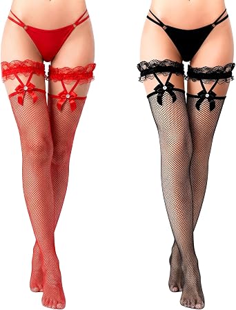 Gvhntk 2 Pairs Thigh High Fishnet Stockings Lace Bow Suspenders Hold Up Mesh Knee High Socks for Women
