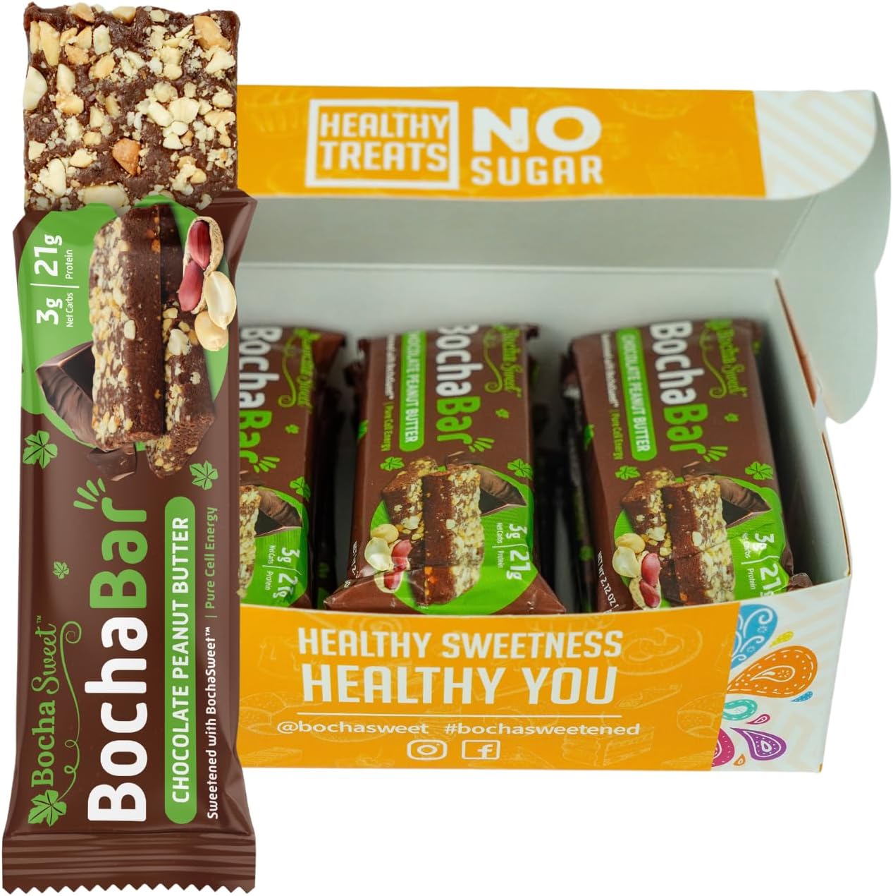 BochaSweet Keto Protein Bar, Chocolate Peanut Butter BochaBar, 21g Grass Fed Collagen, Low Carb, Keto-Friendly, Gluten Free, 12 Count