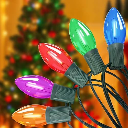 C9 - Tira de luces de Navidad vintage de 25 pies, luces para árbol de Navidad con 26 bombillas LED multicolor transparentes, con certificación UL,