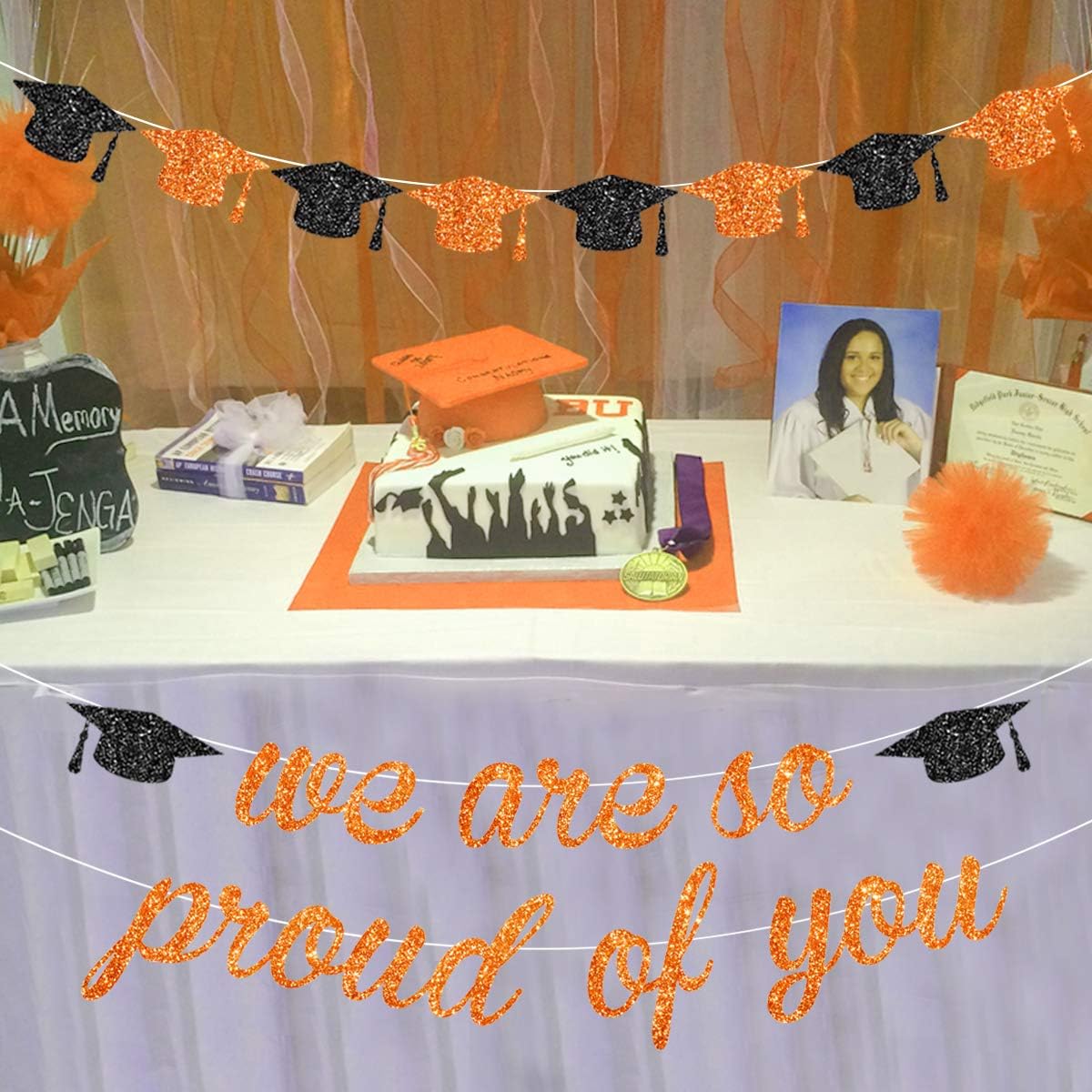 Orange We are So Proud of You Banner Glitter Orange and Black Grad Cap Garland for 2026 Senior High School College Graduation Grad Party Supplies