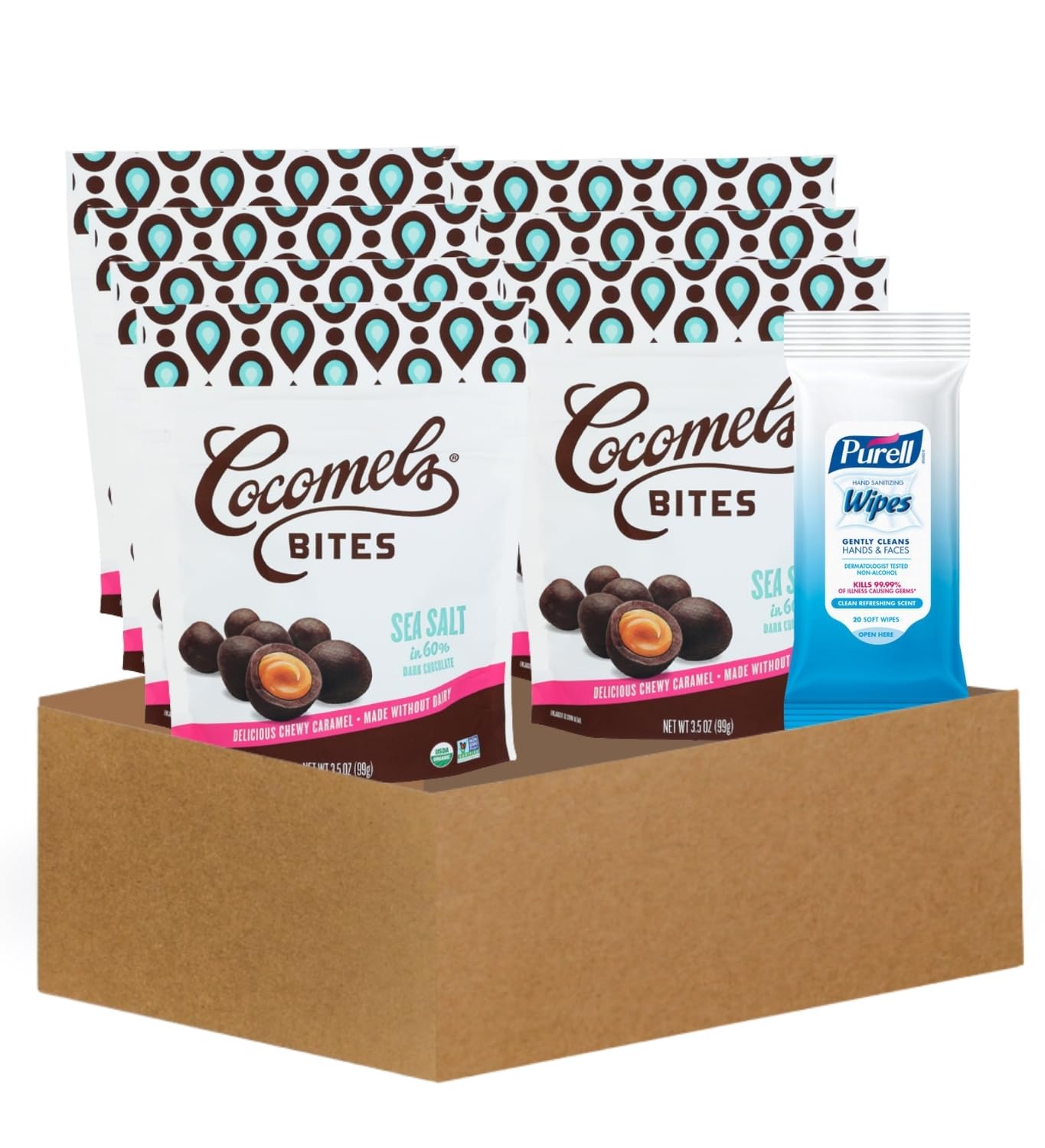 Chocolate Caramel – 7x Caramels Sea Salt Bites – 3.5OZ Bundle with Fresh Scent Hand Sanitizing Wipes – Dark Chocolate, Coconut Milk & Sea Salt Caramels with Cleaning Cloths – Gift Set (2 Items)