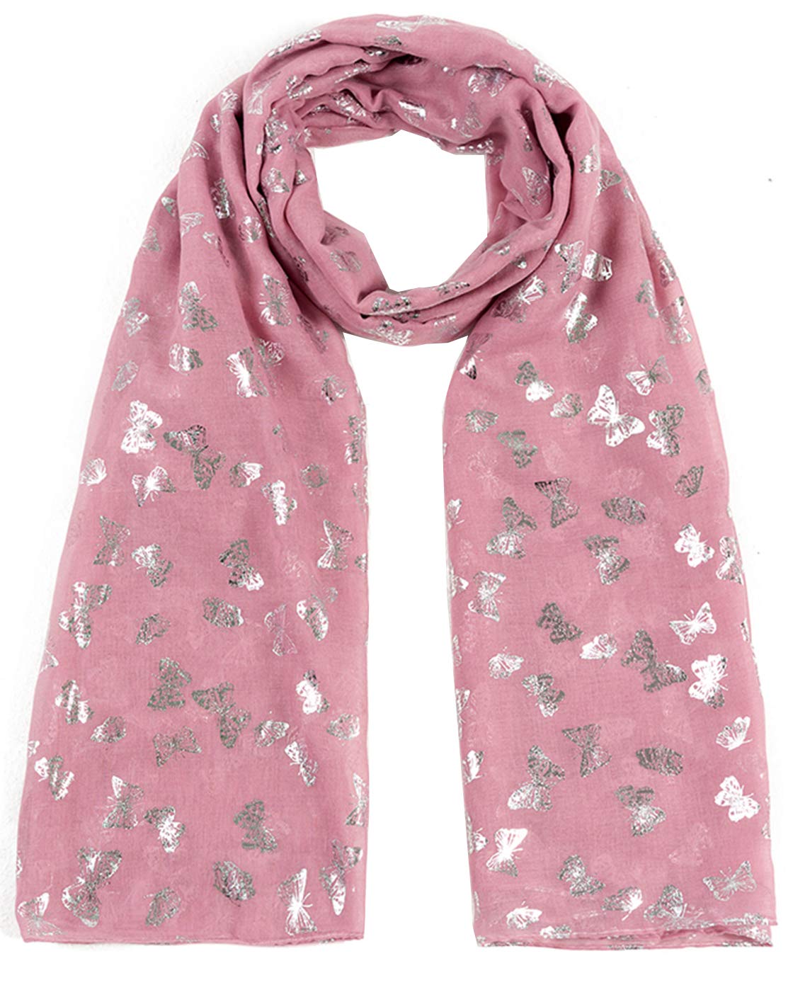World of Shawls New Butterfly Print Ladies Celebrity Style Scarves Maxi, Scarf, Wrap, Sarong, shawls (New Glitter Butterfly Dusky Pink)