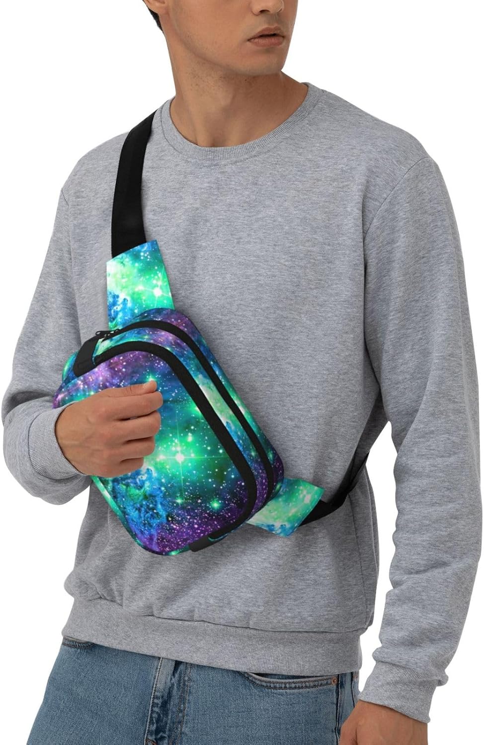 Green Blue Purple Galaxy Print Fashion Waist Packs Square Layer Waist Bag Black Belt Bag with Adjustable Strap