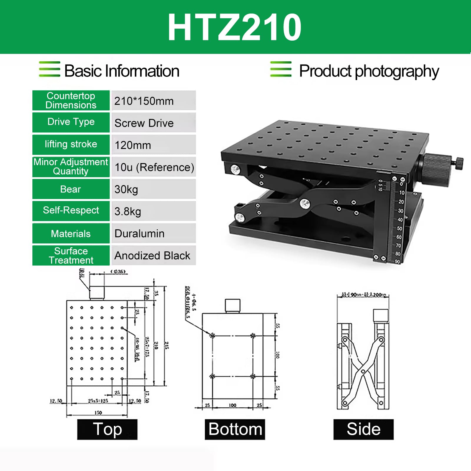 Tavolo di Sollevamento Ottico a Scorrimento Z-Lift da 120 mm, Tavolo di Posizionamento Rotante con rulli trasversali per rifilatura Z ad Alta precisione (210 * 150 mm)