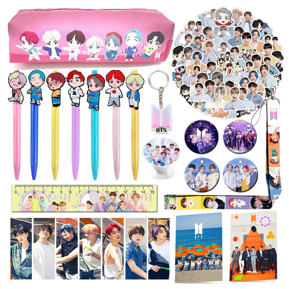 TODREAM Kpop School Supplies Gift Set, Including Notebook Pencil Case Pens Stickers Button Pins Lanyard Keychain Ruler Bookmarks Phone Ring Holder