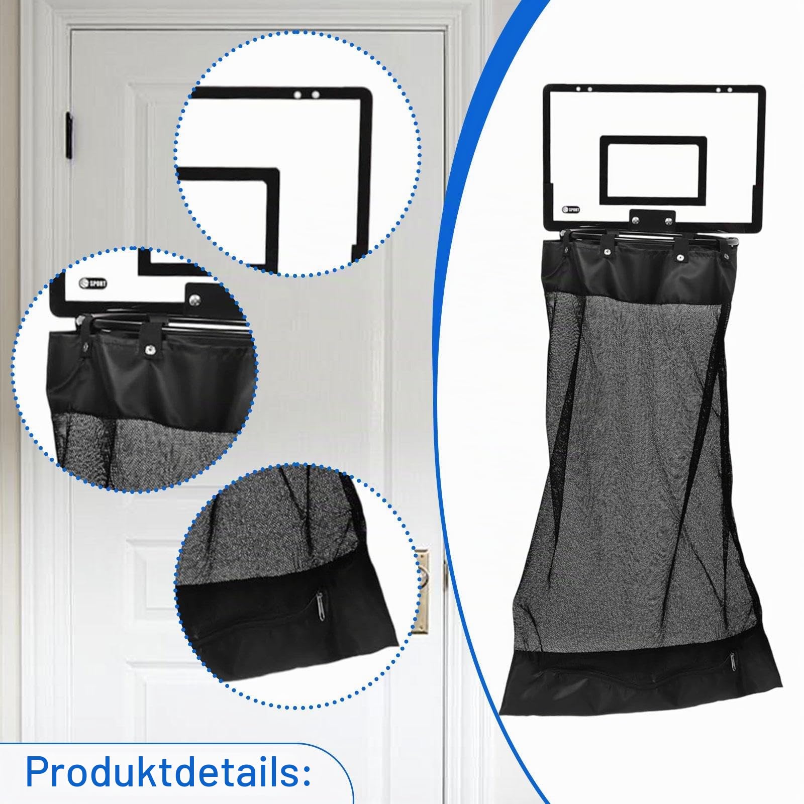 Wäschekorb zum Aufhängen, faltbarer Wäschekorb im Basketballkorb-Look, Wäschebehälter zum Aufhängen, herausnehmbarer Beutel für Waschküche, Schlafzimmer, Badezimmer, Hotels, Reisen, Schwarz