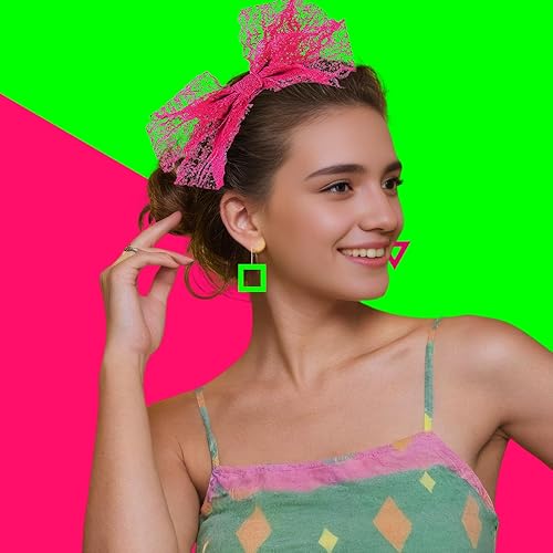 Miniatura 5 de Juego de aretes y diadema de los años 80, 4 unidades, 80 accesorios para disfraz de Halloween, aretes de neón, accesorios para el cabello con lazo