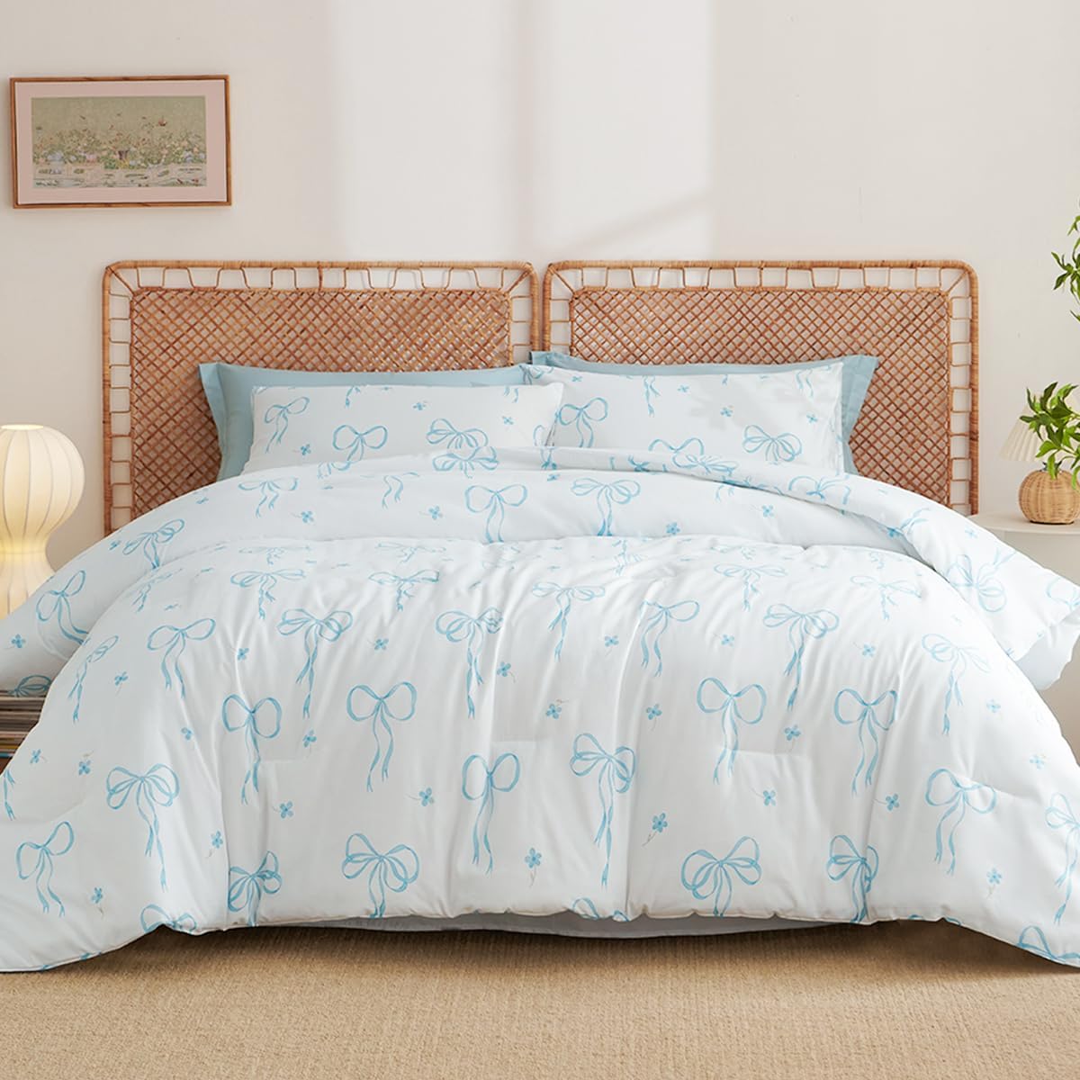 Comforter Set Full Size White - Blue Bow Quilt Bedding Set 3 Pieces, Comforter Set Full, Soft Lightweight Comforter(79‘’ x 90‘’) for Girl All Season & 2 Pillow Cases(30‘’x20‘’) - Image 2