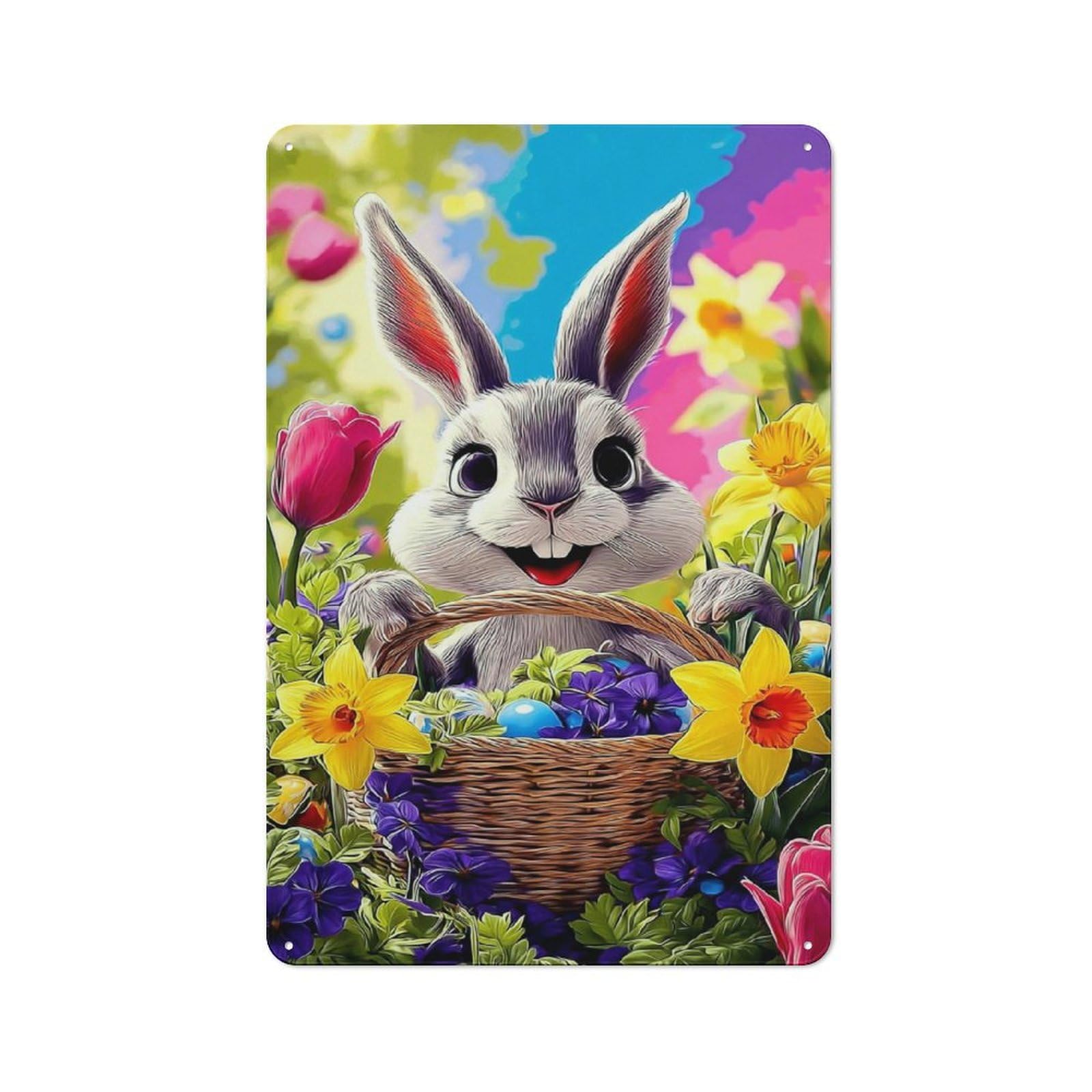 Junmoney Spring Bunny With Basket Of Flowers Cottage Metal Wall Decor 30X20cm, Shed Metal Sign For Conservatory, Home Bar Or Utility Room