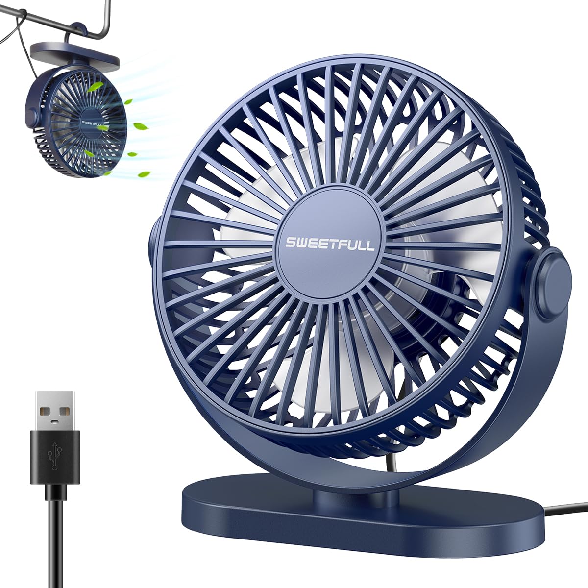 LULUWA USB Desk Fan Small Quiet 3 Speeds Mini Personal Portable Fan 360° Rotation Adjustable, 5 Inch Office Table Cooling Gadgets on Desktop, Blue