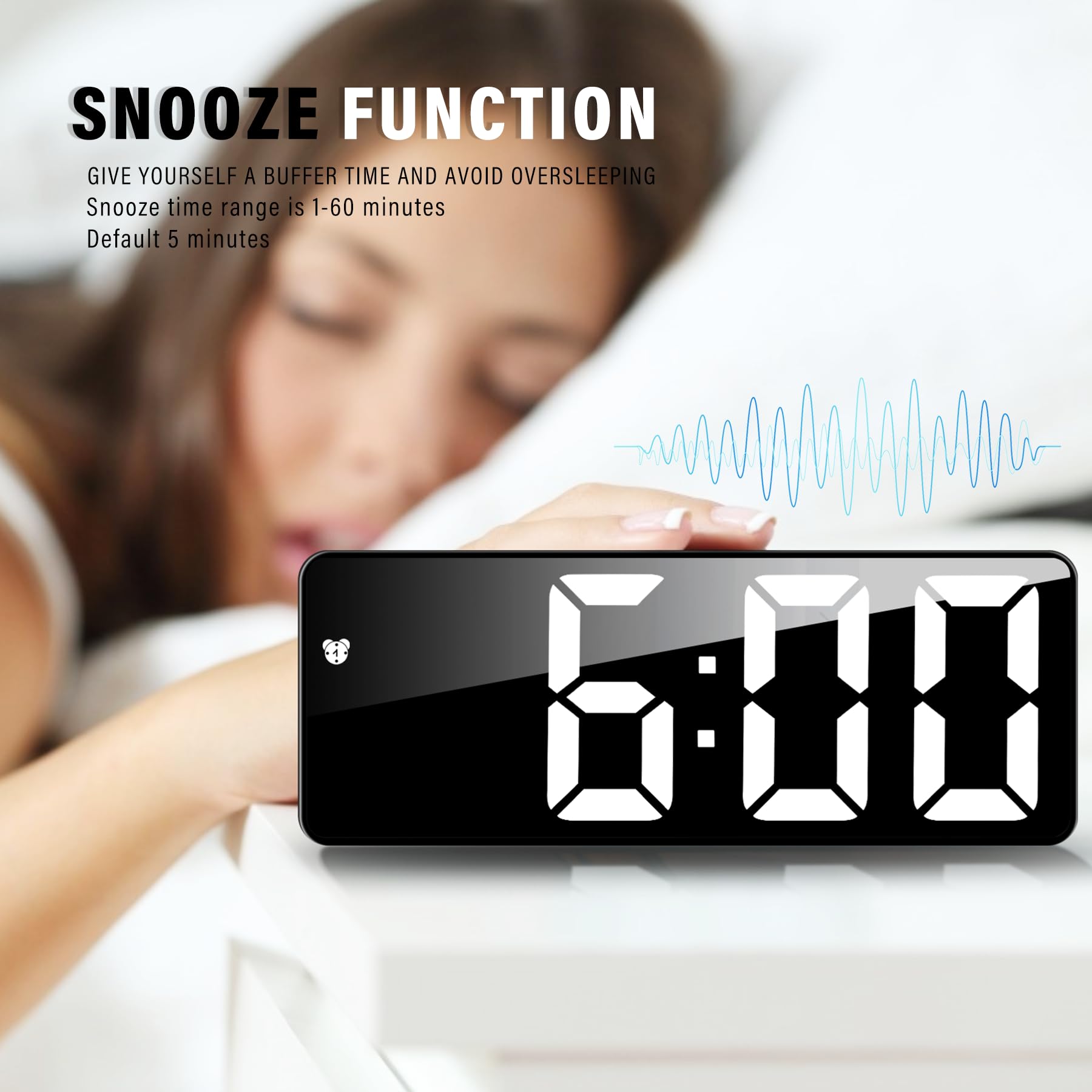 JQGO Sveglia Digitale da Comodino, Sveglia Digitale da Comodino Snooze con Visualizzazione, Ampio Display LED Digitale/Data/della/Temperatura, USB e Alimentato a Batteria, Bianco