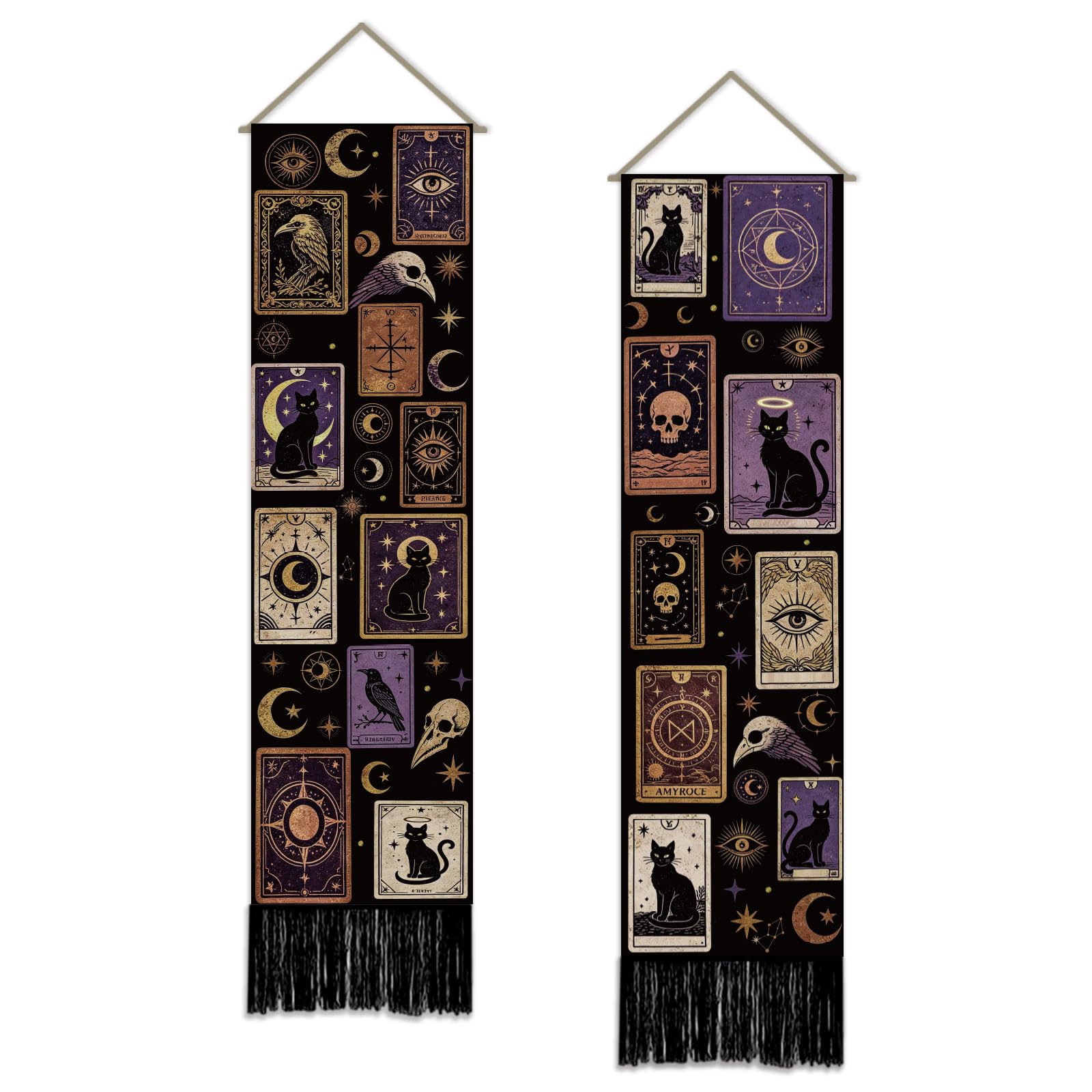 SUPERDANT 2 Pcs Tarot Tapestry Vertical Black Cat Wall Hanging Tapestries 51.2x13 Inch/130x33cm Polyester Narrow Wall Art Bnners for Bedroom Hallway Man Cave Witch Gift