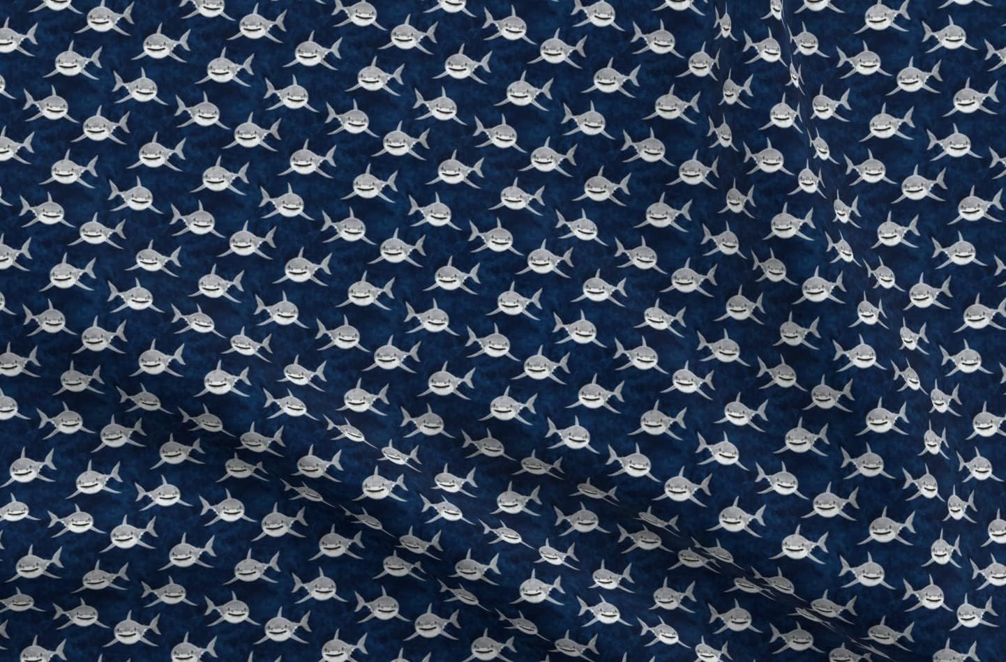 Spoonflower Fabric - Small Scale Sharks Navy Great White Shark Watercolor Nautical Little Printed on Upholstery Velvet Fabric Fat Quarter - Upholstery Home Decor Bottomweight Apparel