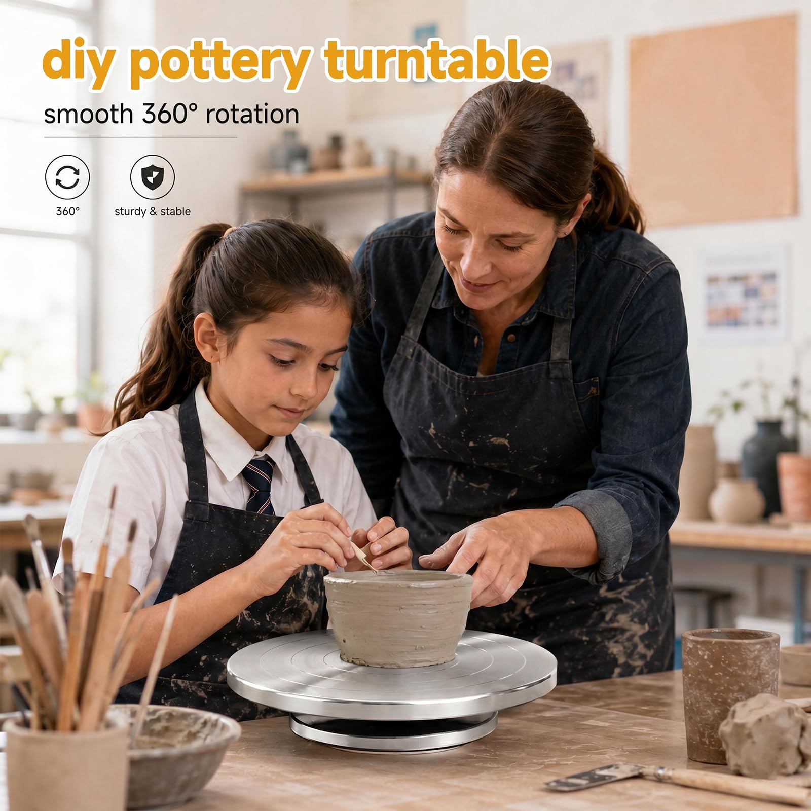 Töpferscheibe, 30cm Aluminium Drehscheibe Craft Clay Drehteller, DIY Tonwerkzeuge Doppelseitige Kuchenkeramik Drehscheibe, 360° drehbar und rutschfest für Tonfiguren, Keramik und Bastelarbeiten