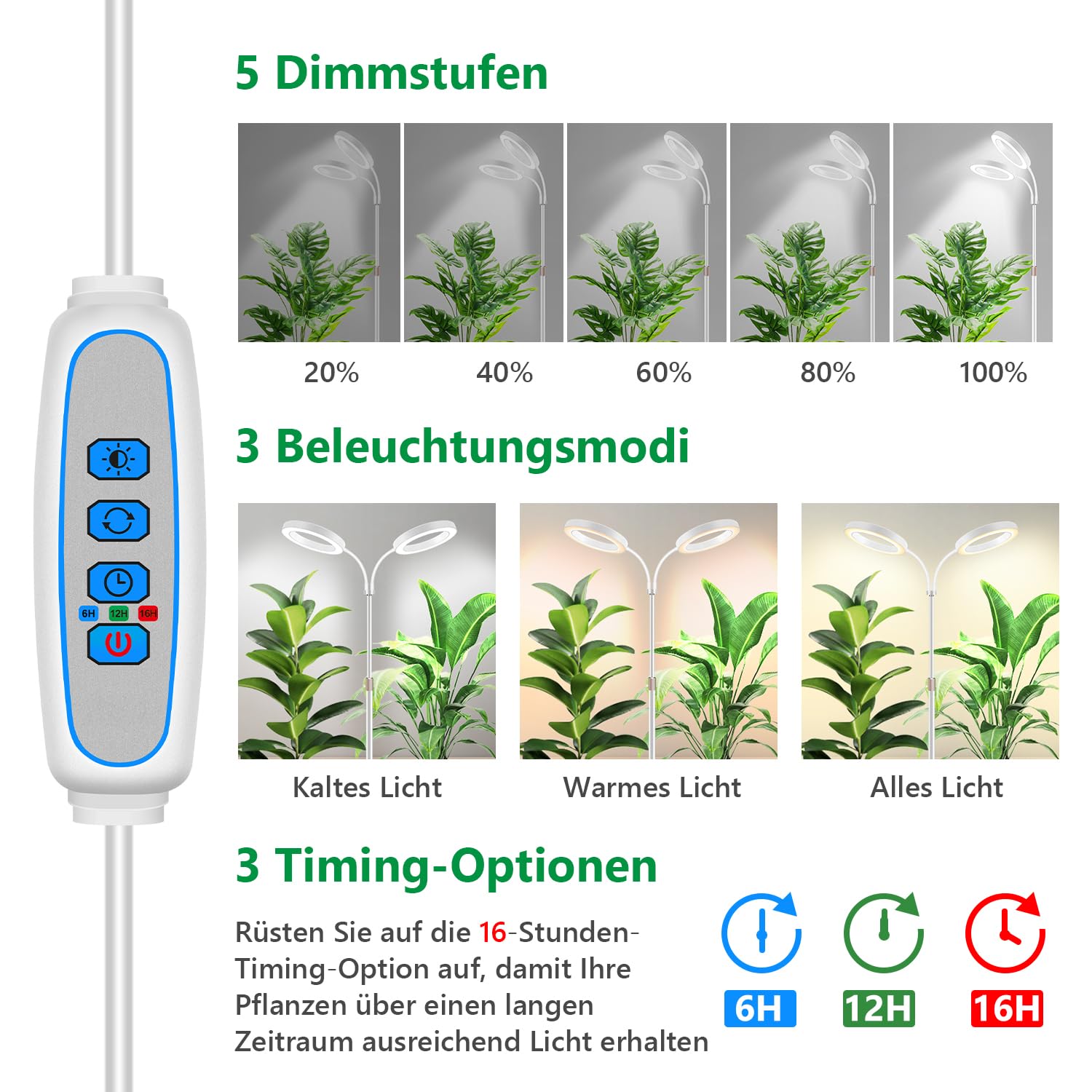 Aumtrly Lampada per piante, 2 teste, 168 LED, spettro completo, con supporto regolabile in altezza, 6000 K, luce bianca per piante con timer da 6/12/16H, 5 livelli di luminosità, 3 modalità di colore