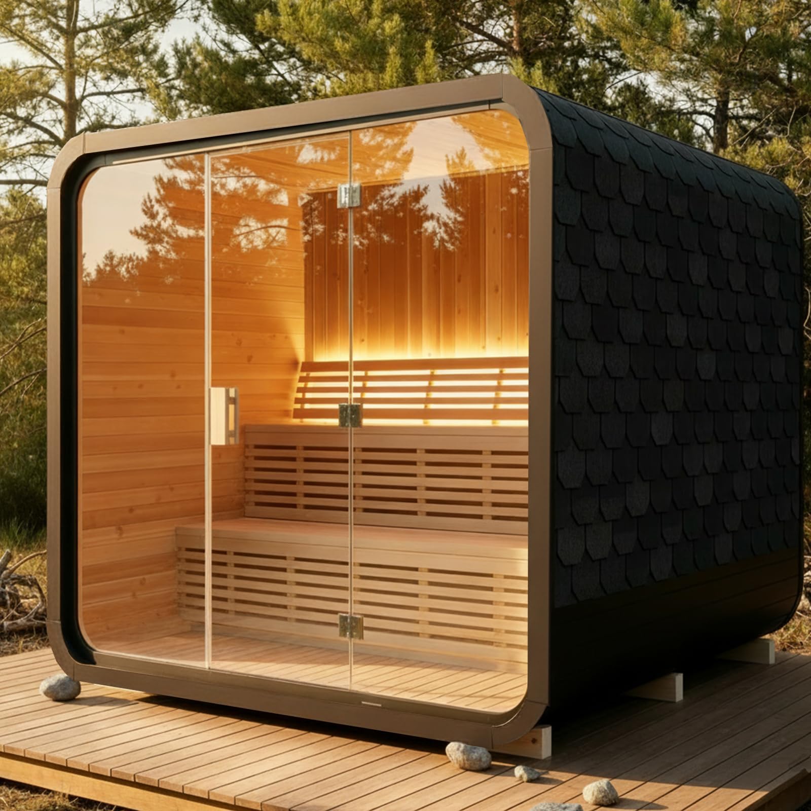 Outdoor Steam Sauna 4-6 Person, Canadian Red Cedar Saunas, 6KW ETL Toule Heater, 220V 2 Level Benches Front Glass Wall, Large Space Full Size Spa,Premium Lighting (120-195°F)