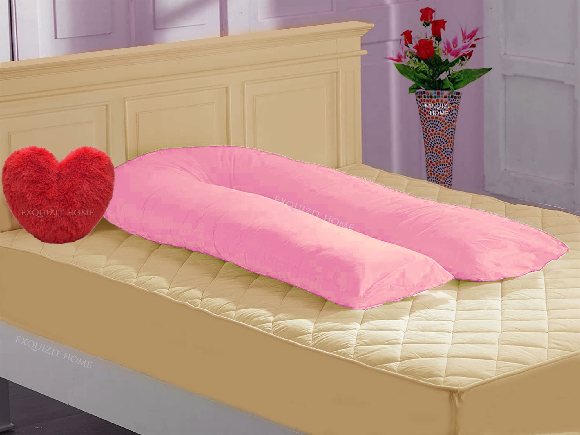 EXQUIZIT HOME® 12FT U-Shaped Pillow Case Cover – Premium 200TC Maternity Pregnancy Full Body Nursing Bolster Pillow Cover with Zip – Soft Cotton Blend Machine Washable Replacement Cover Only (Pink)