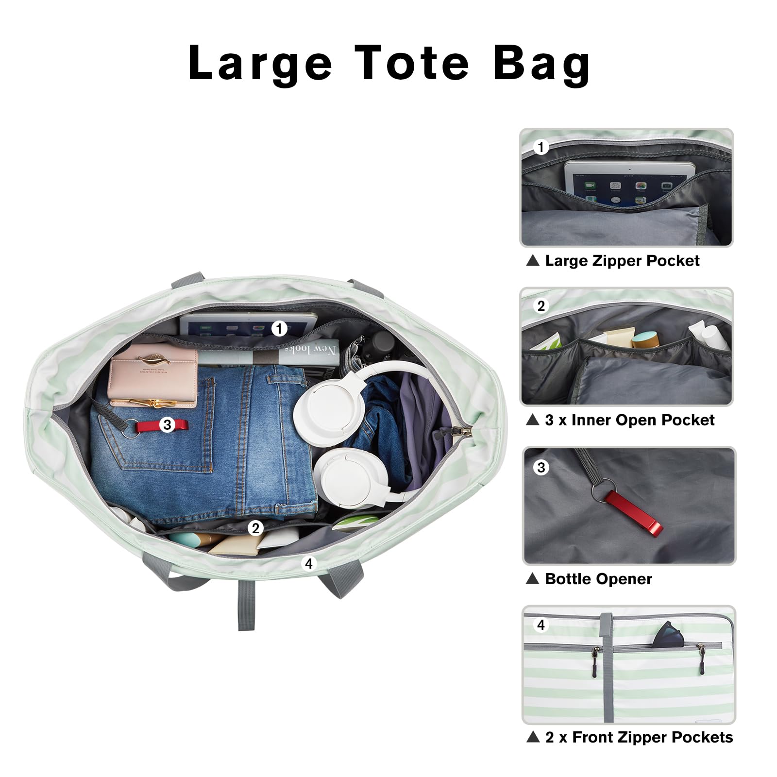 Bolsa de playa, bolsa de playa plegable con cremallera, bolsa de piscina impermeable a prueba de arena, Verde claro, XL 4