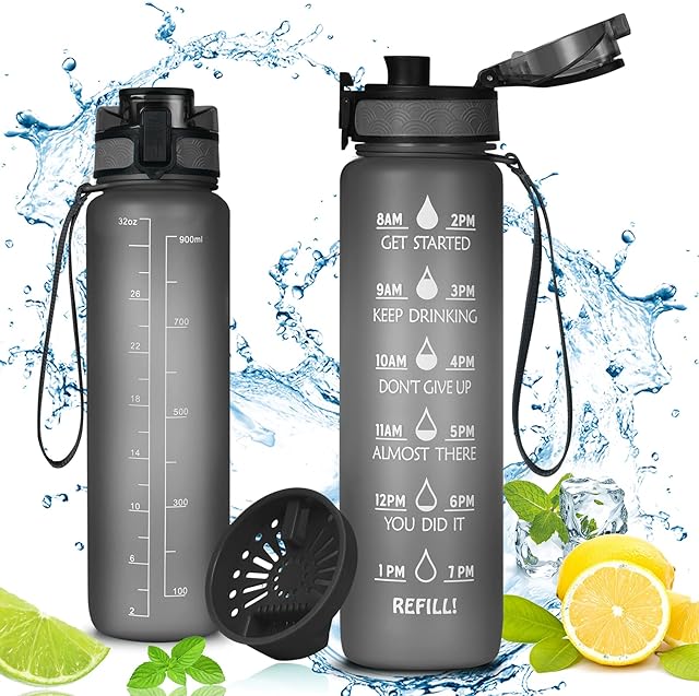flintronic 1000ml Leakproof Best Sports Water Bottle Leak Proof, BPA Free Tritan Plastic Eco-Friendly Drink Bottles with Filter & Time Marker, One Click Flip Lid, Lid for Gym Yoga Fitness Camping