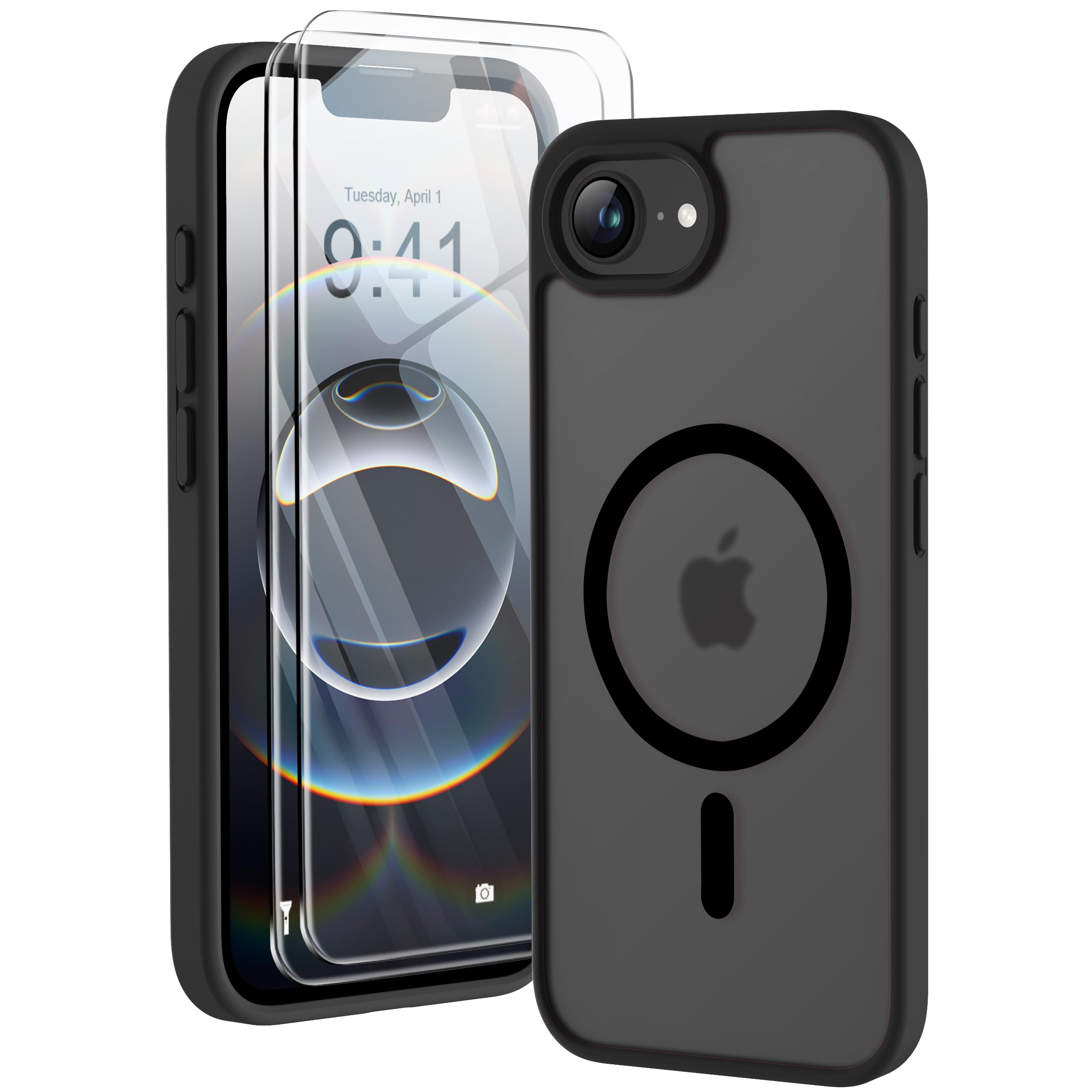 ORETECH Magnetica Cover per iPhone 16e(2025) 6,1 Pollici con 2 Vetro Temperato,Compatibile con MagSafe, Traslucida Opaca Antiurto Ultra Sottile Hard PC iphone 16e Cover-Nero