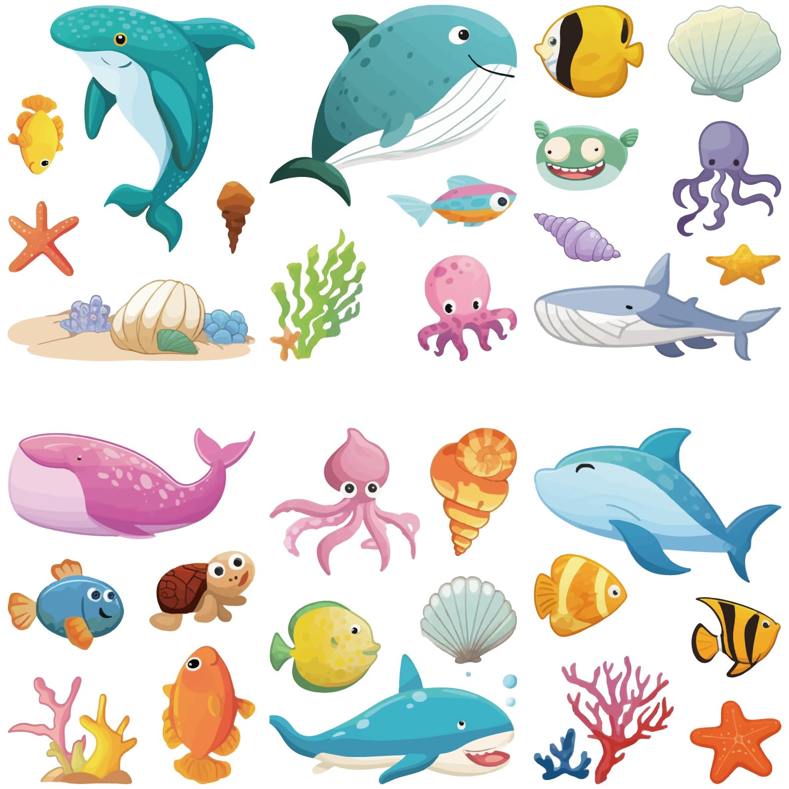 CRASPIRE 8 Sheets Cartoon Ocean Life Wall Decals for Nursey Sea Life Self-Adhesive Whale Conch Octopus Waterproof PVC Window Stickers Decor Clings Peel and Stick Cling for Bedroom Bathroom Decor