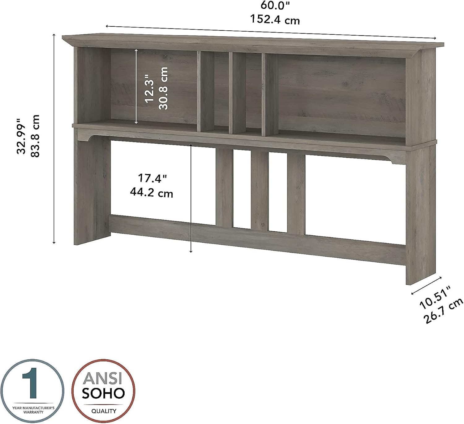Bush Home Salinas 60W Hutch for L Shaped Desk in Driftwood Gray