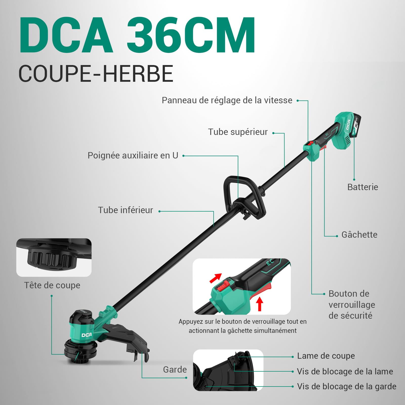 DCA Taille-Bordures sans Fil 20V, 2-en-1, Largeur de Coupe 35 cm et Vitesse 6000 RPM, Batterie 4,0 Ah, Chargeur pour travaux de Jardin et d'extérieur, ADST20141