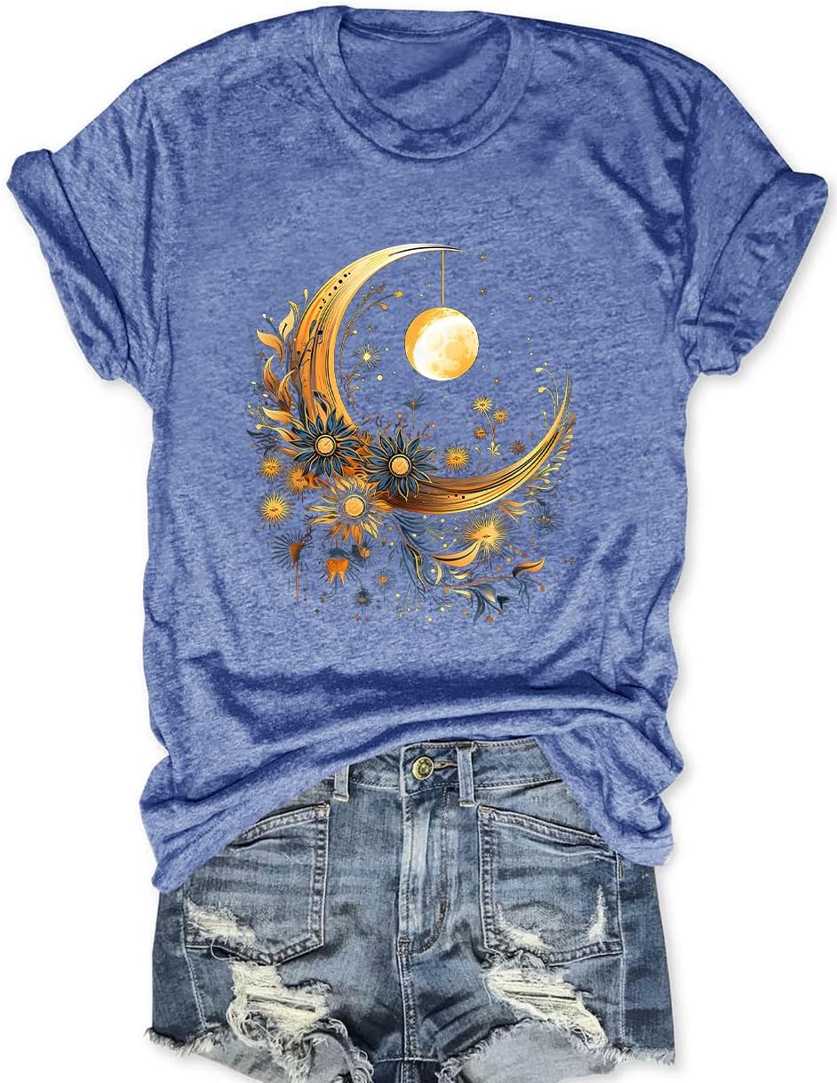 Women Mystical Sun and Moon Shirts Vintage Wildflower T Shirt Hipped Graphic Tees Short Sleeve Vacation Tops