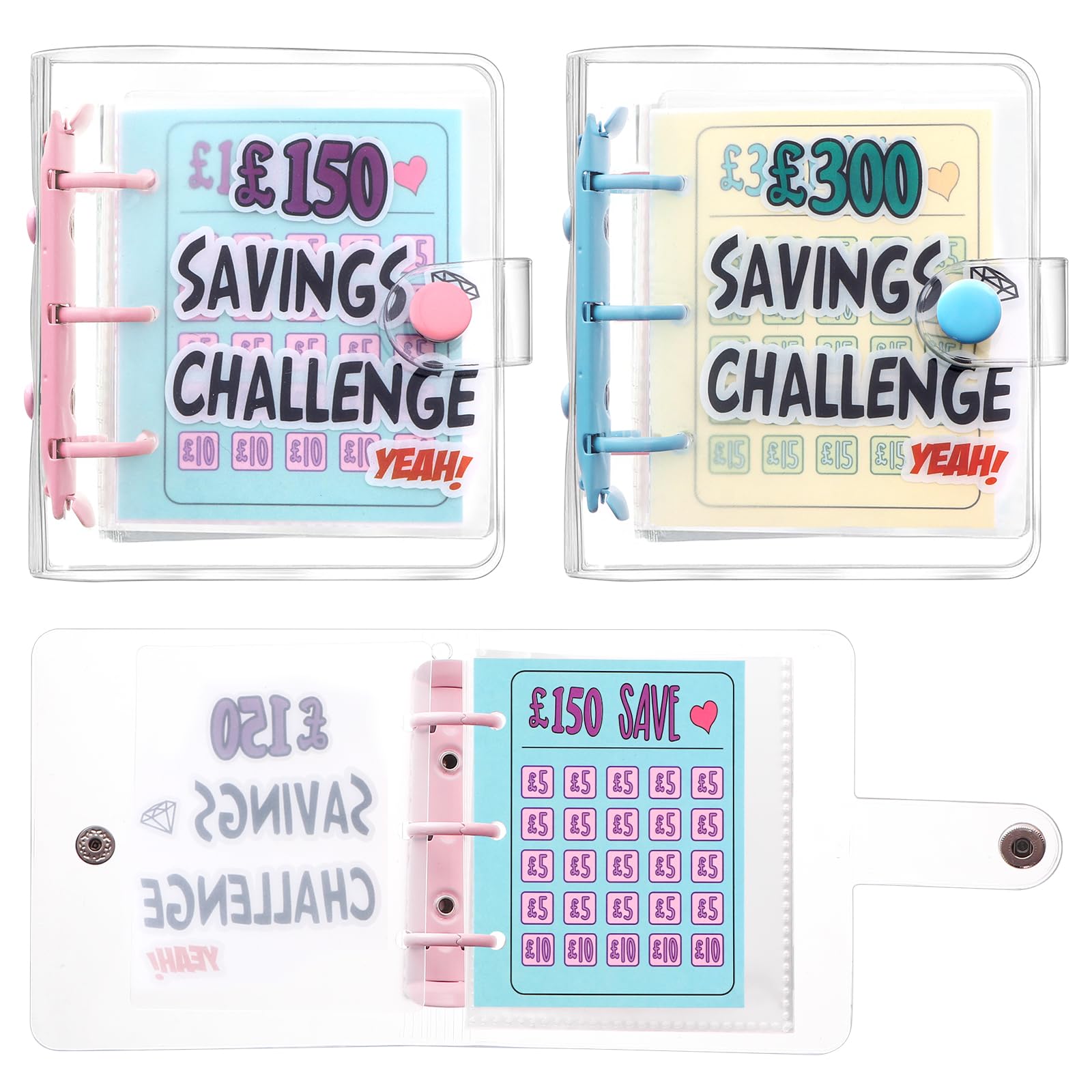2Pcs Mini Money Savings Challenge Binder, Mini Money Saving Wallet, £300 & £150 Cash Envelopes Reusable Money Saving Wallet with Cash Stuffing for Planning, Fun & Easy Saving for Office Home School