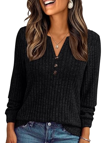 AUTOMET Womens Henley Long Sleeve Shirt Fall Top V Neck