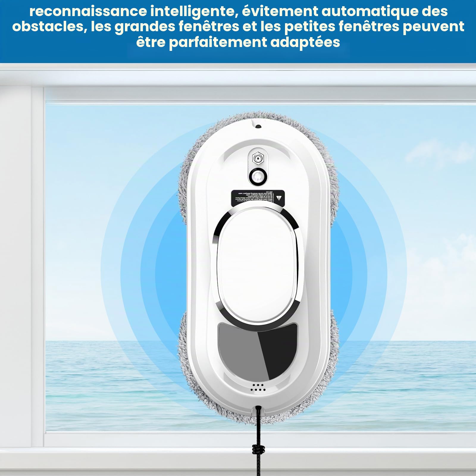 Robot Nettoyeur Vitre, 5600Pa Robot Laveur de Vitre Automatique avec Pulvérisation d'eau, Lave Vitre Automatique avec 3 Modes de Nettoyage, Navigation Intelligente et Système de Protection