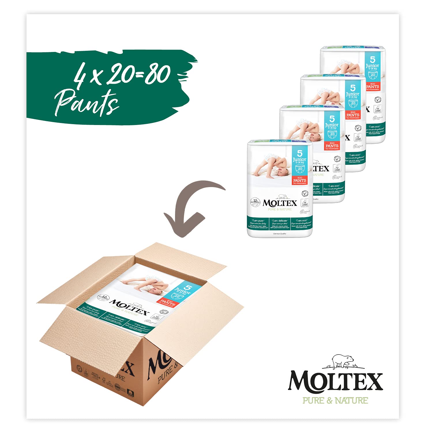 Moltex Pure & Nature Pants Ecologici Taglia 5 (9-14 kg) - 80 Pants (4 Sacchetti da 20 pezzi)