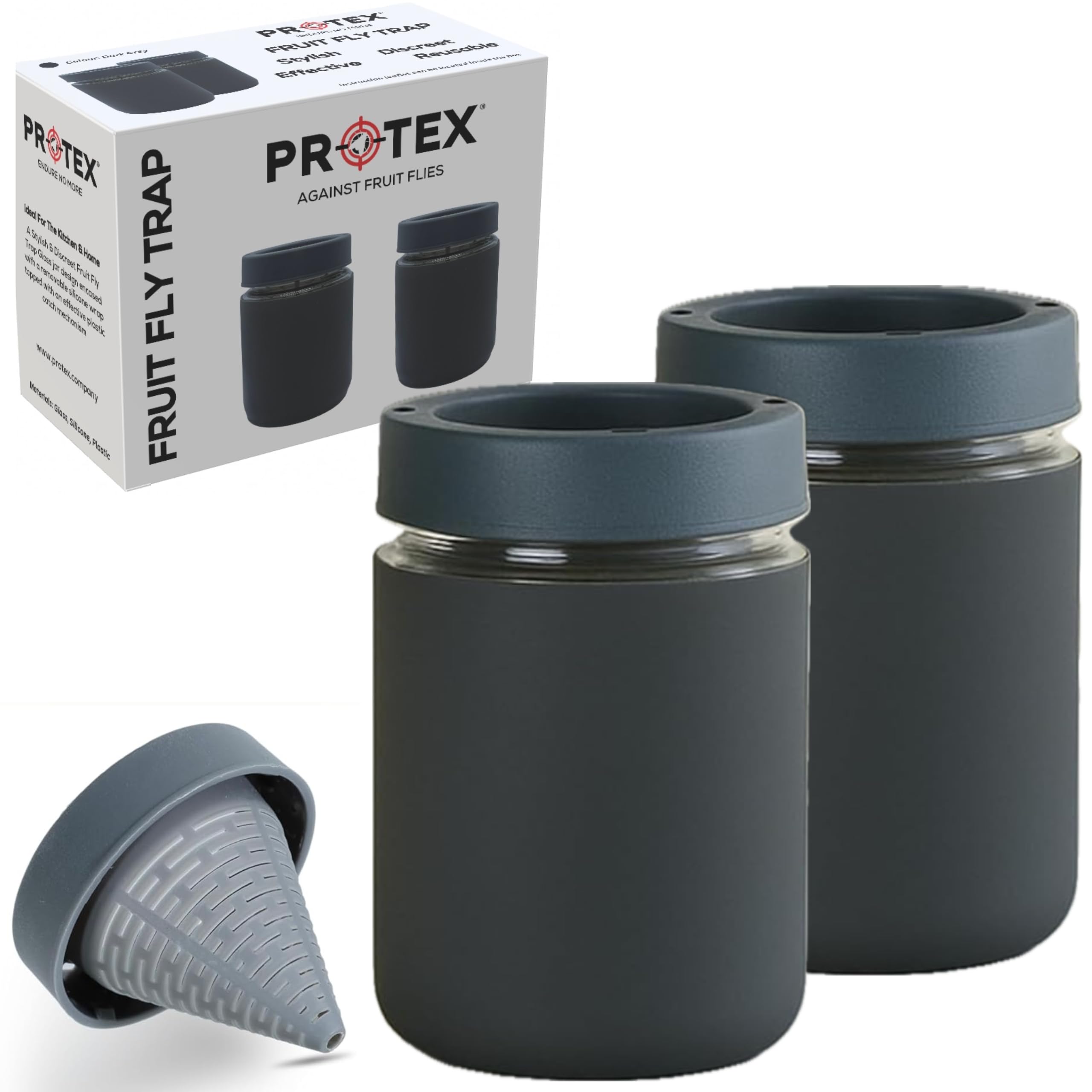 PR0TEX Fruit Fly Trap (2 Pack). Stylish & Discreet, Reusable Highly Effective Fruit Fly Trap, Ideal for Home & Kitchen, Glass Design Fruit Fly Catcher. Elegant Solution to Remove Fruit Flies. (Grey)