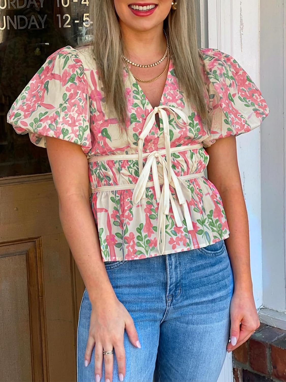 Cicy Bell Womens Puff Sleeve Tie Front Tops Summer Babydoll Peplum V Neck Blouse Casual Dressy Pleated Floral Print Shirts - Image 3
