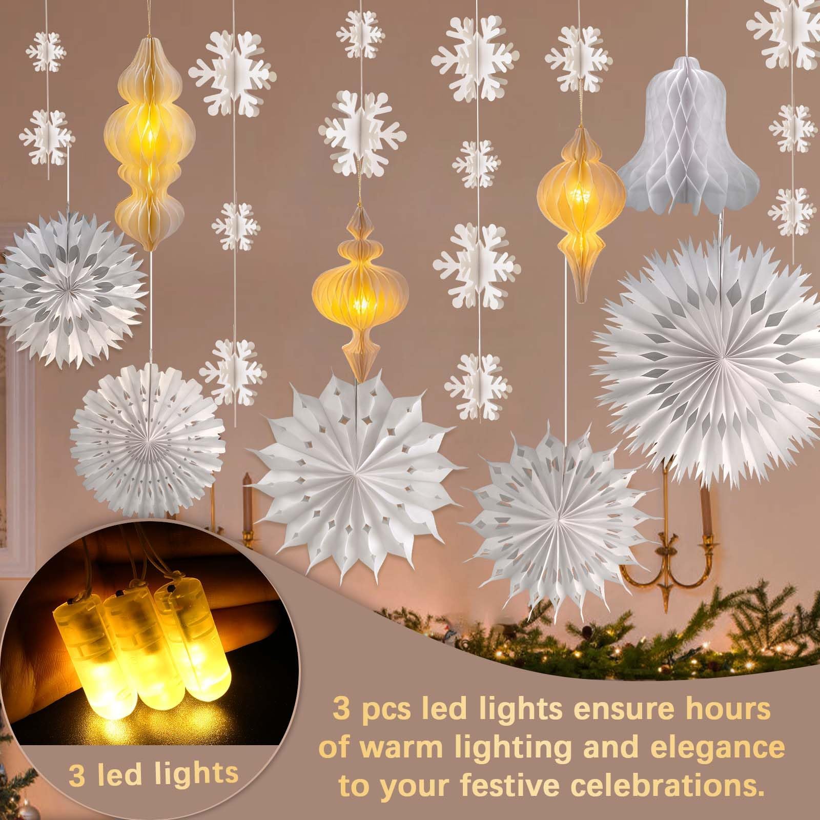 Ensemble de décorations de Noël blanches à suspendre en papier 3D en nid d'abeille, lanternes décoratives en nid d'abeille avec lumières, guirlandes d'éventails en papier pour sapin de Noël