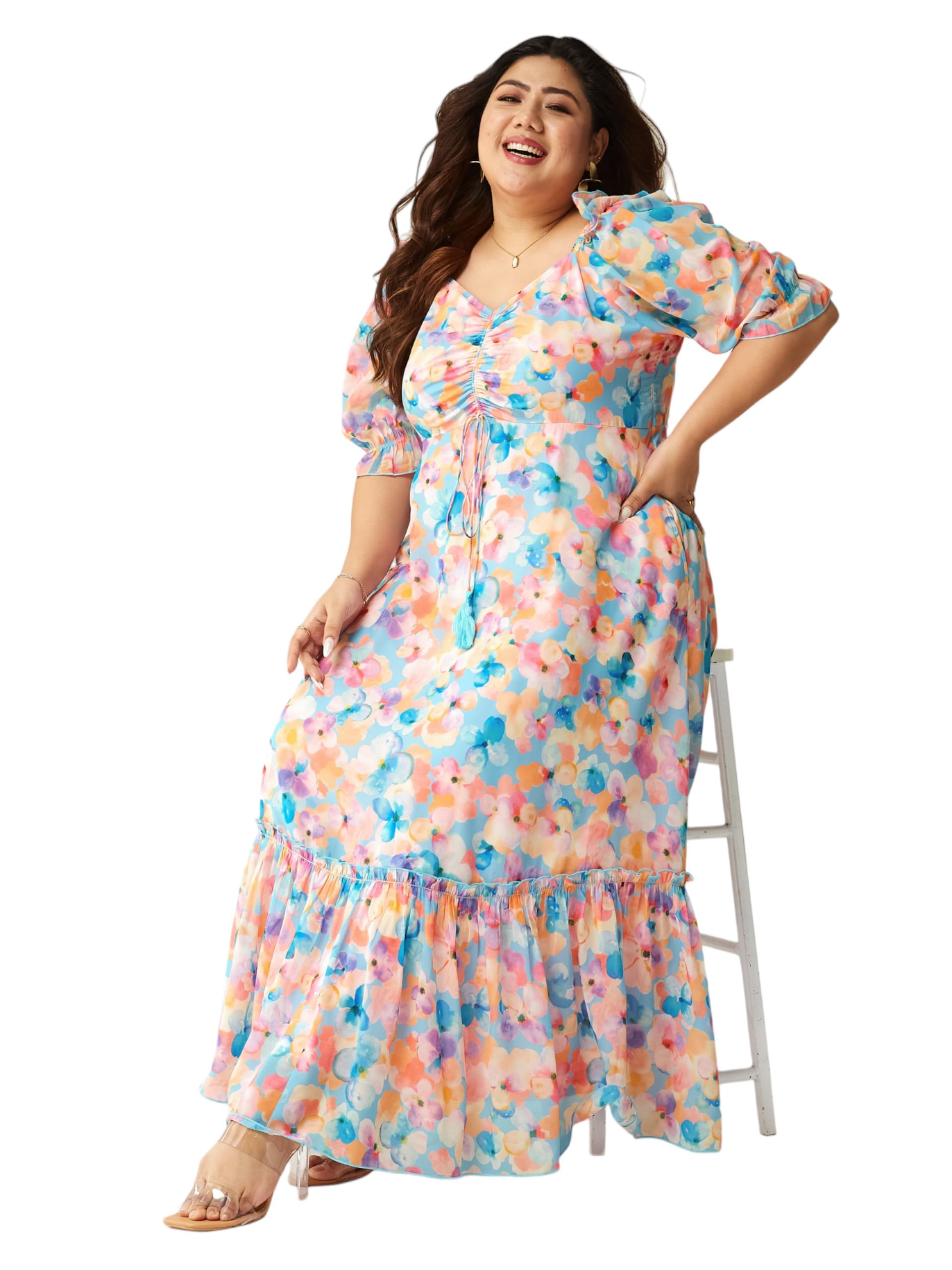 miss chase a+ Women's V-Neck Bishop Sleeve Floral Gathered Chiffon Maxi Dress-picture-22