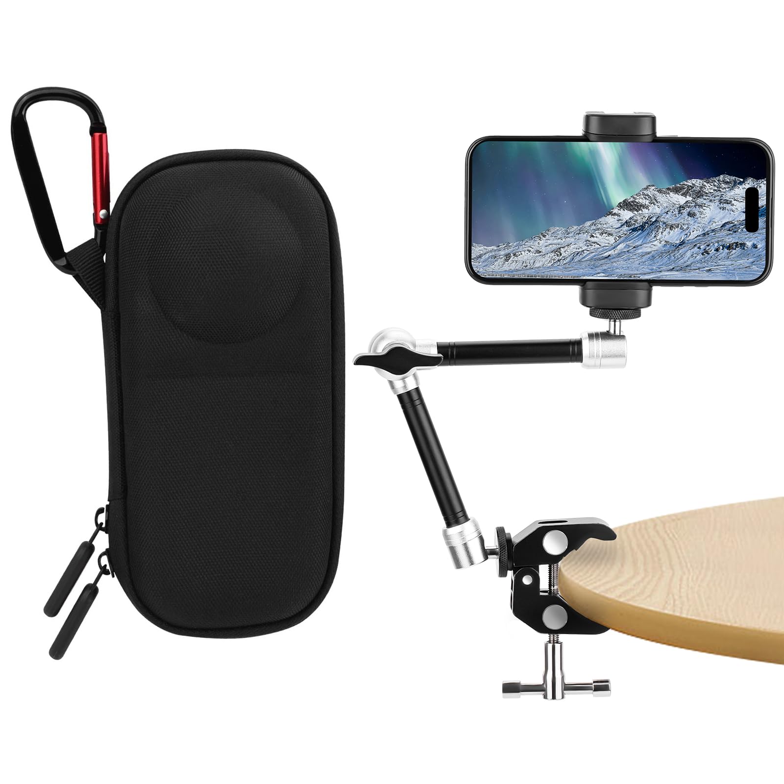 BRDRC Portable Case for Insta360 X4 X5 & Magic Arm Clamp, Hard Shell Protective Storage with 9.8" Articulating Extension Arm for Insta360 X4 X5 (for Original Lens Cap), DSLR Camera Phone Accessories