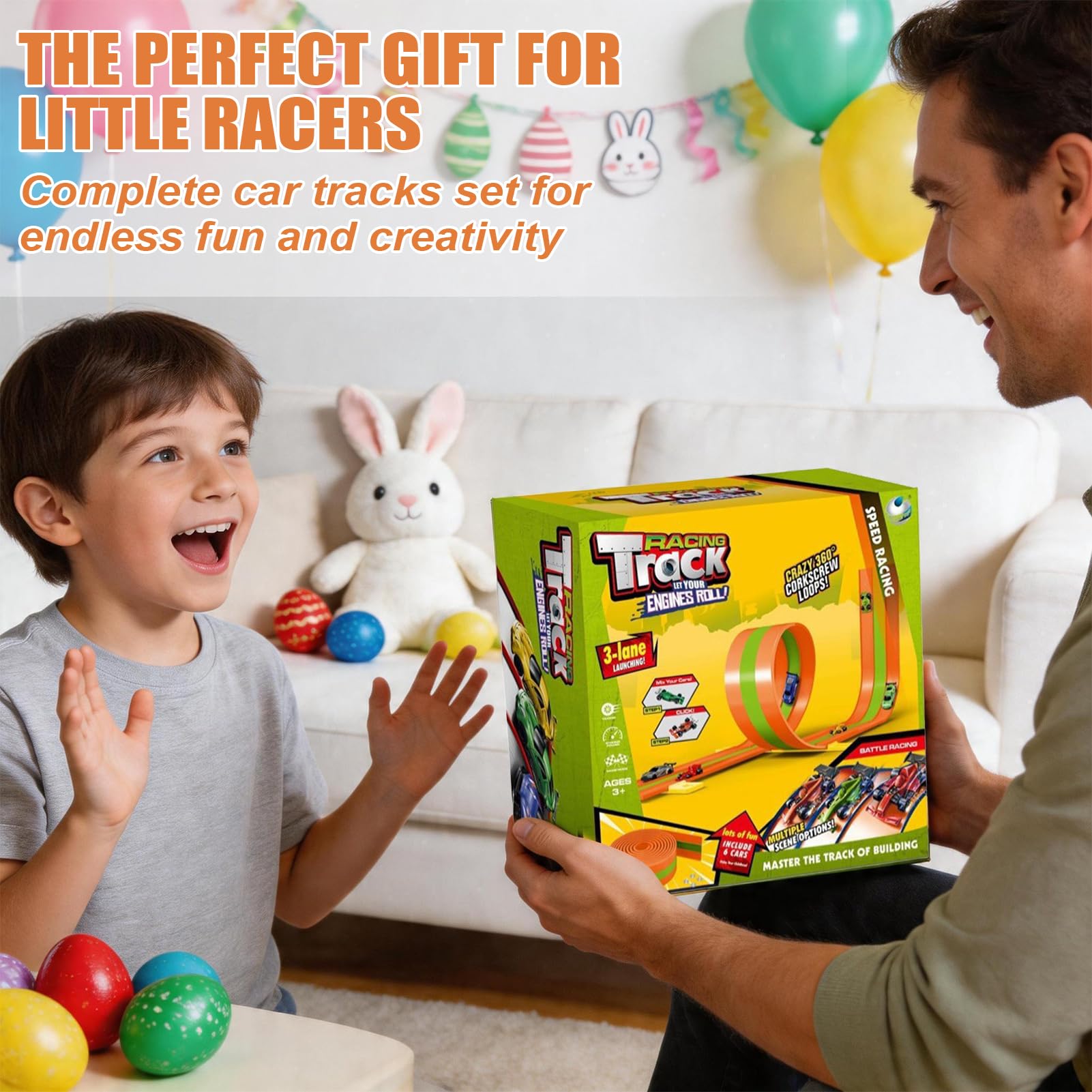 Car Racing Track for Children 5 m, Racing Track Car Toy with 6 Cars, Color box, Racing Track Children with Ramp Catapult, Portable Toy, Three-Track Car Racing Track from 3 Years