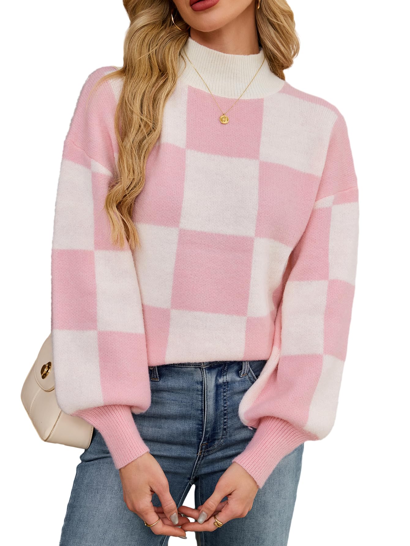 Womens Oversized Cute Checkered Sweater Fall 2025 Trendy Preppy Chunky Knit Mock Neck Long Sleeve Pullover Sweaters