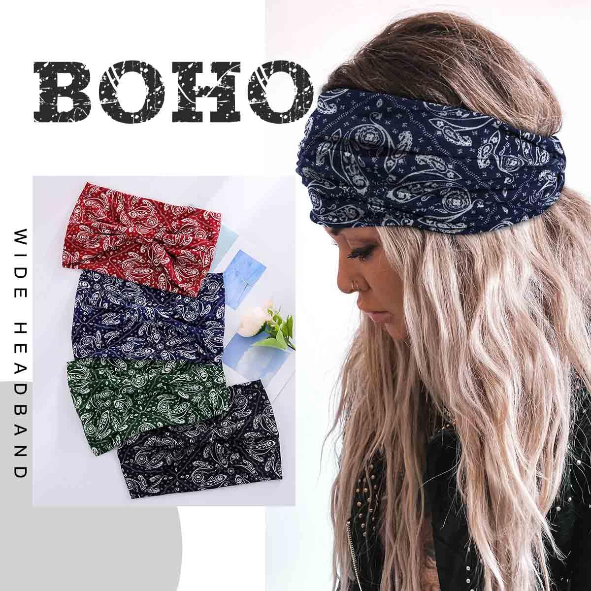 Acenail Diademas anchas para mujer, turbante bohemio, anudada, floral, elástica, antideslizante, para entrenamiento, yoga, bufandas, accesorios para el cabello de moda para mujeres y niñas, 4 piezas