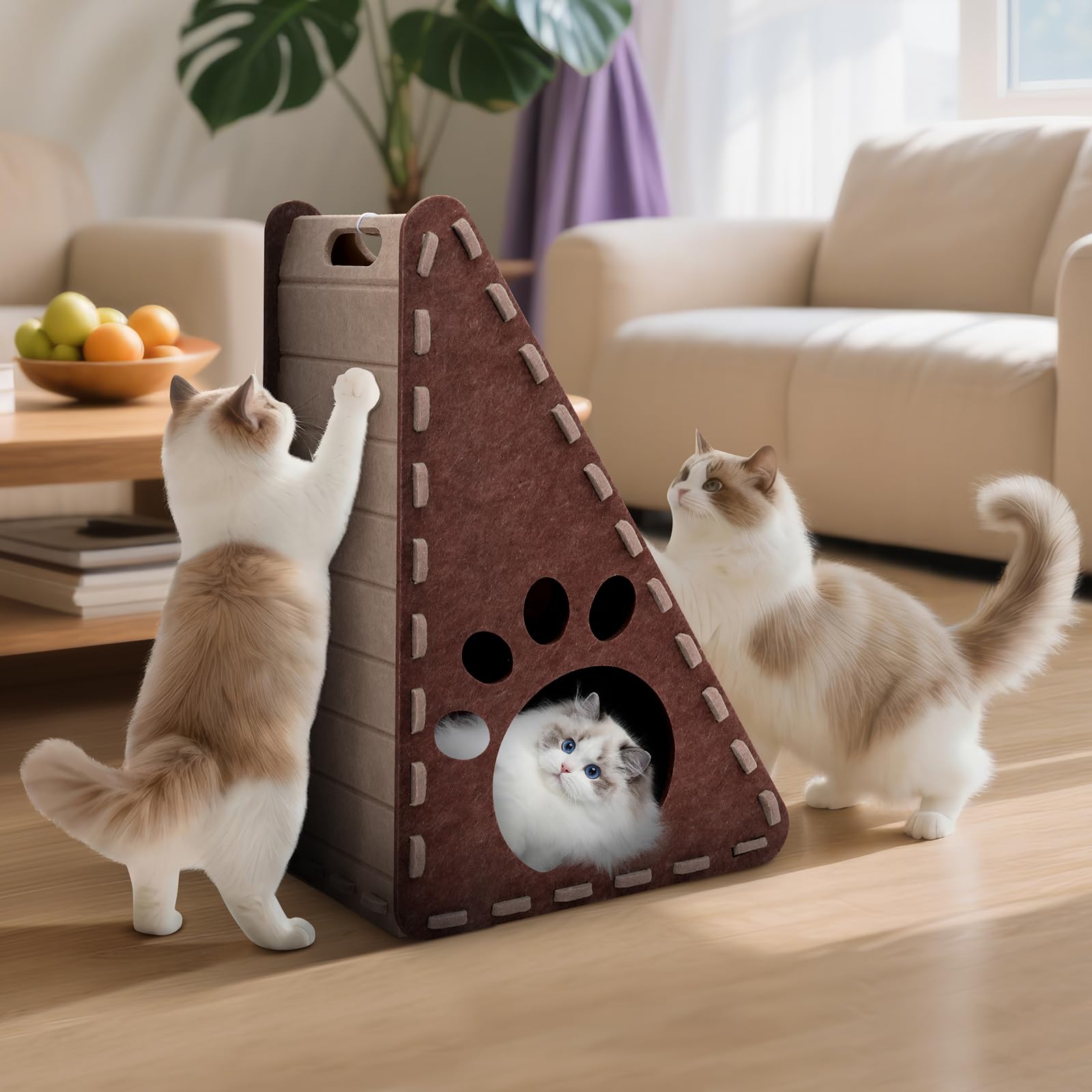 Mittimiya 3-in-1 Filz Kratzbrett Katze, 63 cm Hohe Dreieck kratzbretter Katze mit Ballspielzeug, für Katzen Kratzen Spielen Ausruhen(Braun)