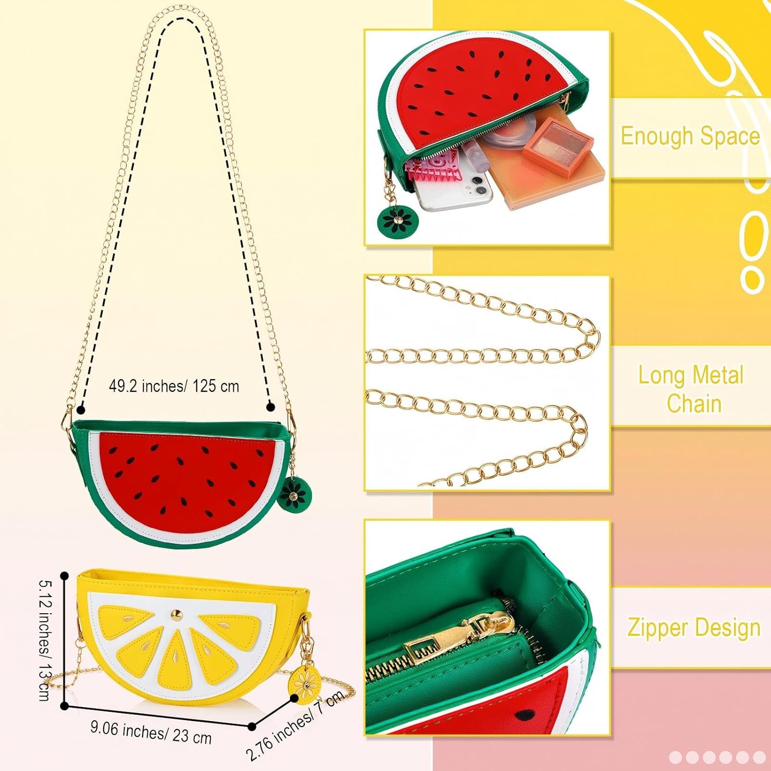 Set of 4 Fruit Shoulder Bag Novelty Purses for Women Lemon Watermelon Pineapple Strawberry Purse Funny Crossbody Bag Cute Mini Purse Wallet for Parade Birthday Fruit Theme Party - Image 5