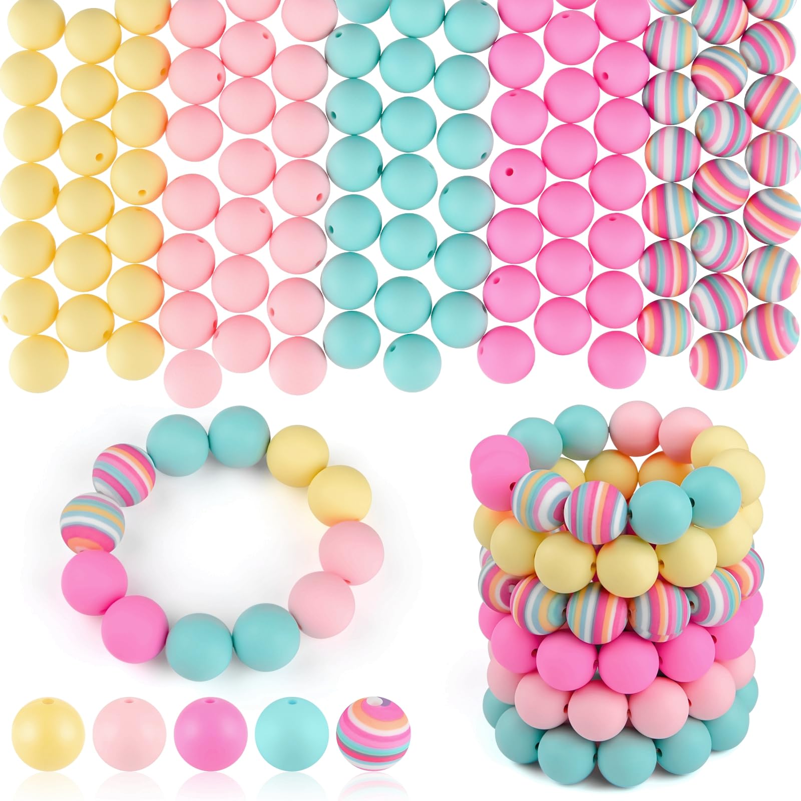 ASTARON 100 Pcs 15mm Silicone Beads for Keychain Making Rainbow Round Beads Bulk for Bracelets Crafts Beadable Pens Decorations Jewelry Making Supplies