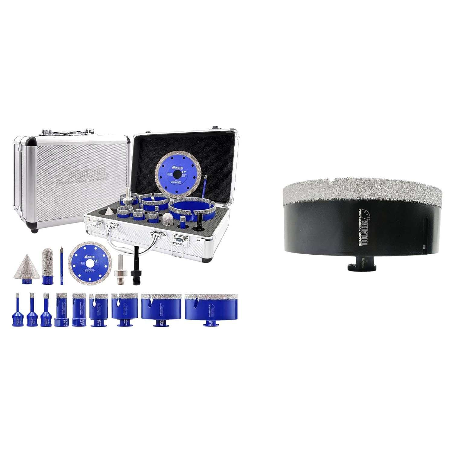 SHDIATOOL Diamond Tile Drill Bits Kit 15pcs, Porcelain Hole Saw Sets, Core Bits Cutter for Drilling Ceramic Marble Granite (6/8/10/20/25/35/50/75/100/20MM/2/SDS/HEX/6MM/4.5”)