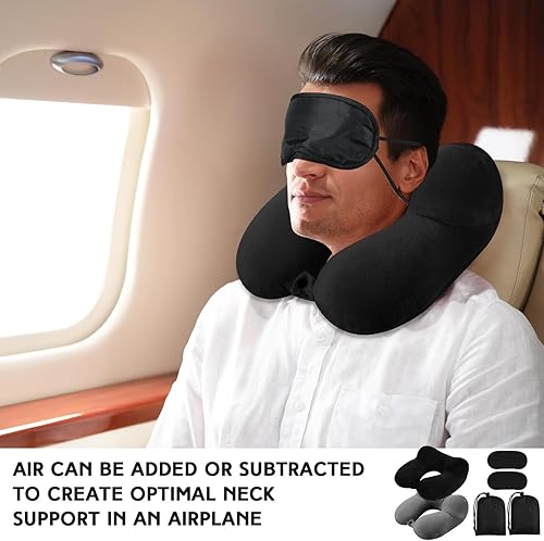 Vista 37 de Sintuff 2 almohadas inflables de viaje con bolsa compacta y terciopelo con los ojos vendados, almohada inflable para el cuello del avión, cojín Gris