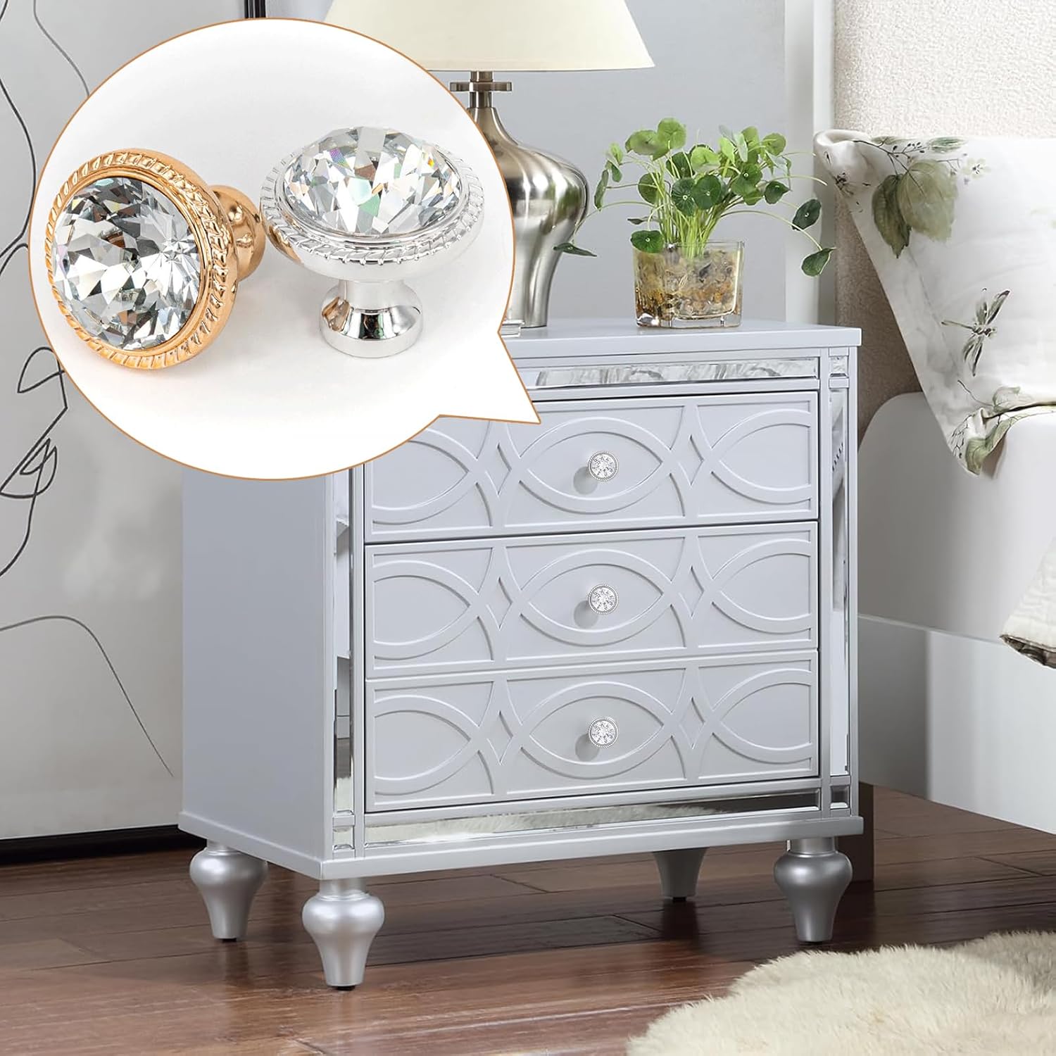 Furniture Knobs Vintage, Chic Crystal Cabinet Knobs, Crystal Glass Drawer Knobs, Pack of 10 32 mm Knobs for Cabinets, Furniture, Kitchen Cabinets, Wardrobe (Silver)